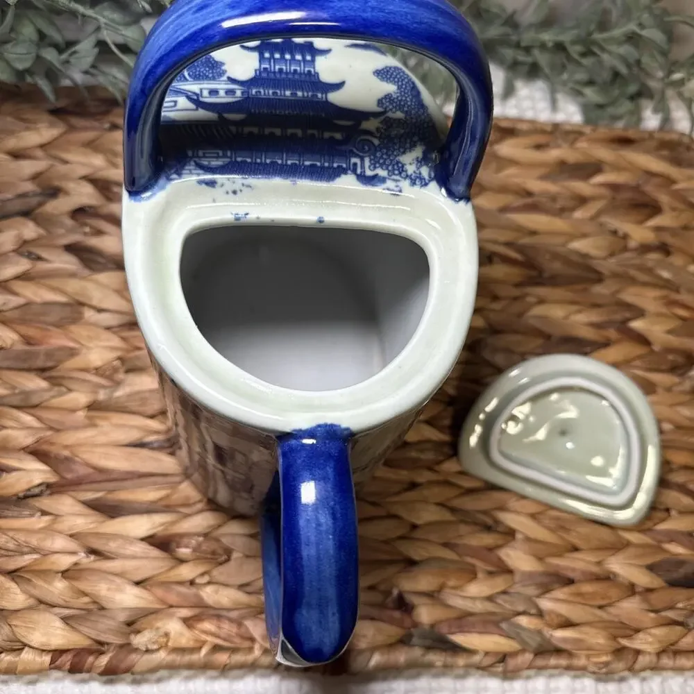 Victoria Blue White Ironstone Teapot Chinoiserie Landscape Handle 10.5” Vintage